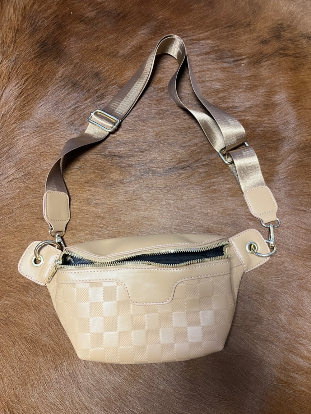 Tan vegan leather Checker-Pattern Crossbody Belt Bag (Louis Vuitton look a like)